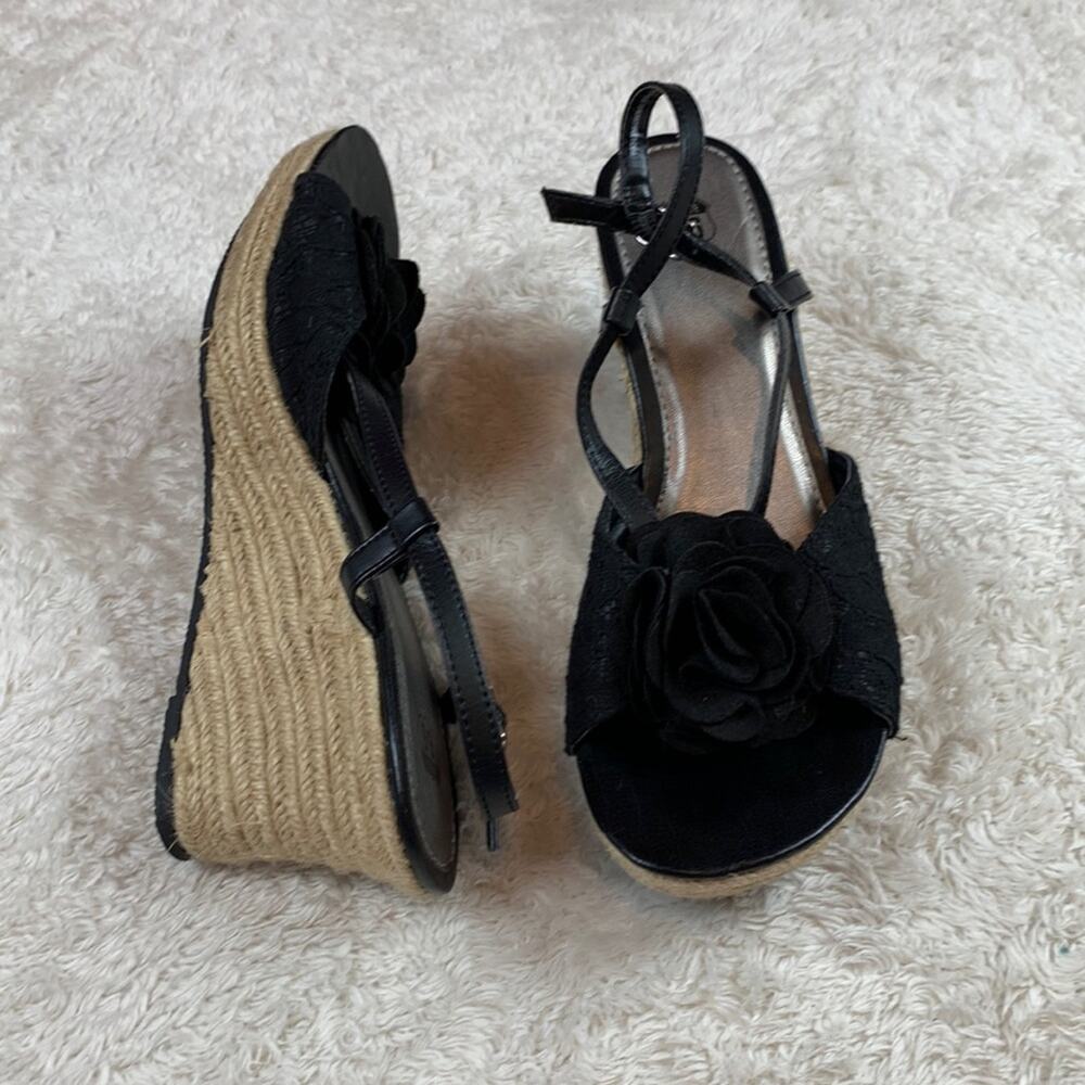 Route 66 fabric flower raffia espadrille‎ wedge sandals, 9.5